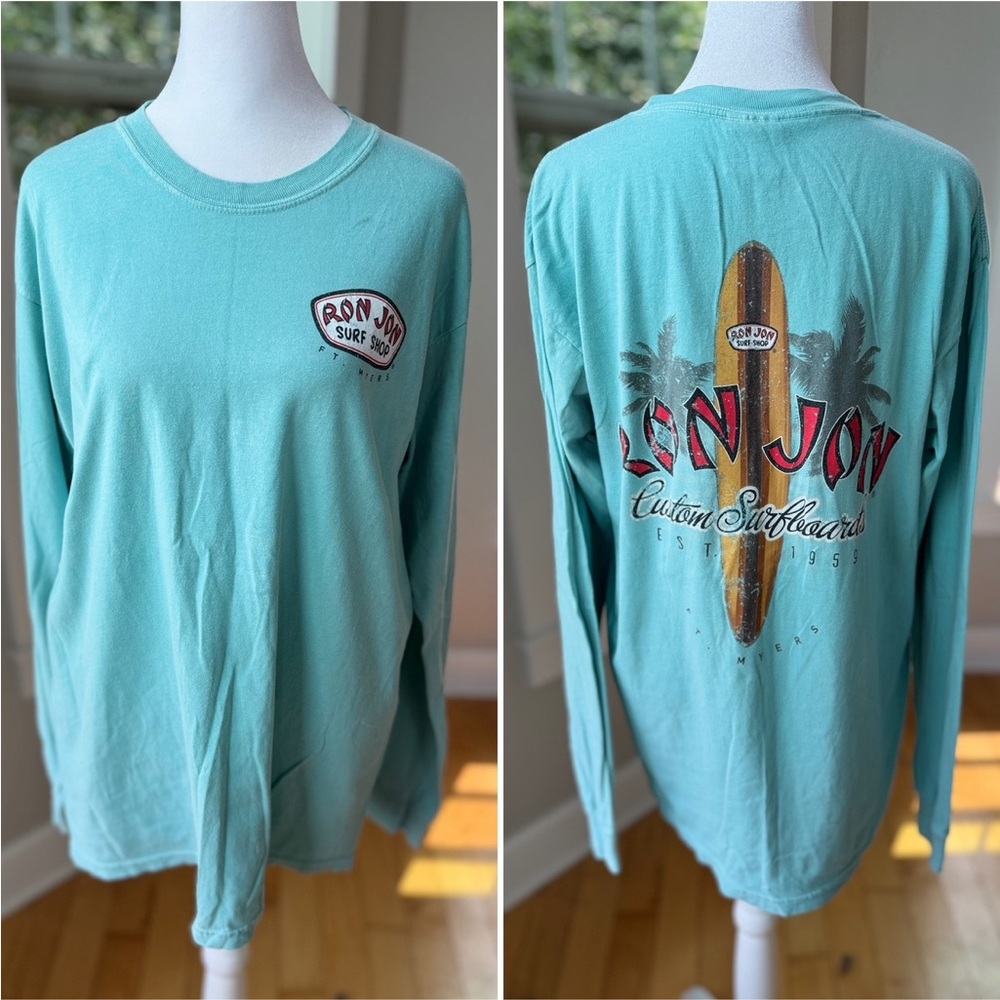Ron Jon Surf Shop Turquoise Blue Long Sleeve Tee Shirt Size Medium 100% Cotton
